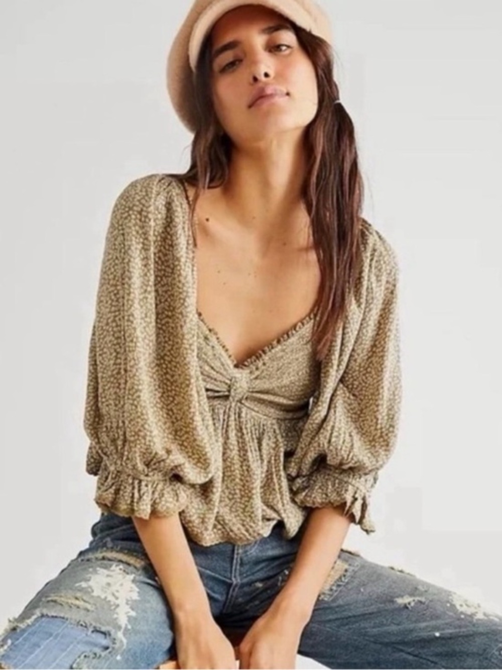 Free People Taupe Floral Peasant Crop Top